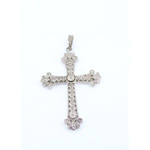 C5 ISP Sterling Silver Natural Melee Diamond Studded Cross Pendant 925 4.9g